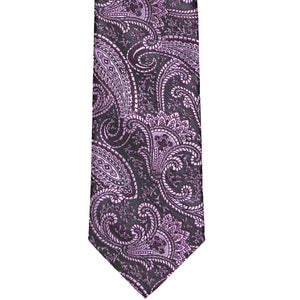 Front view of an eggplant purple paisley necktie