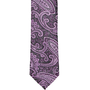 Front flat view of an eggplant purple paisley slim tie