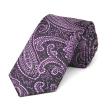 Load image into Gallery viewer, Eggplant paisley slim necktie, rolled view