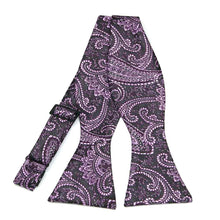 Load image into Gallery viewer, Eggplant paisley self-tie bow tie, untied front view