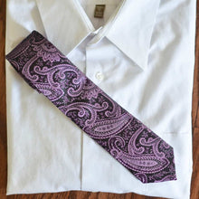 Load image into Gallery viewer, An eggplant purple slim tie displayed on top of a folded white dress shirt
