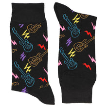 Load image into Gallery viewer, Pair of men&#39;s neon electric guitar socks on a black background