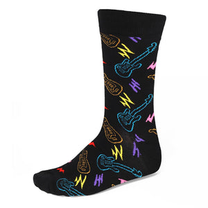 Men's colorful neon electric guitar theme socks on black background