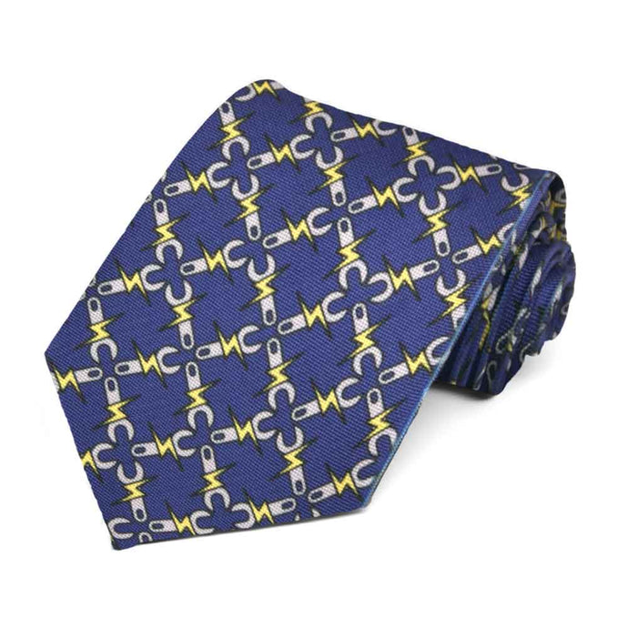 An electrician novelty tie featuring a wrench and electricity bolt