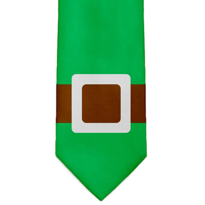 A brown and silver elf belt necktie on a green background.