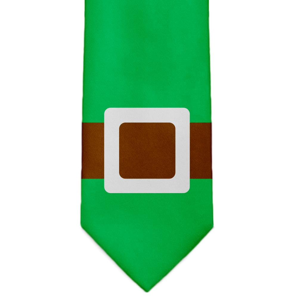 A brown and silver elf belt necktie on a green background.