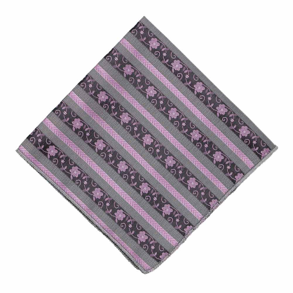 Folded lavender and gray floral stripe pocket square 