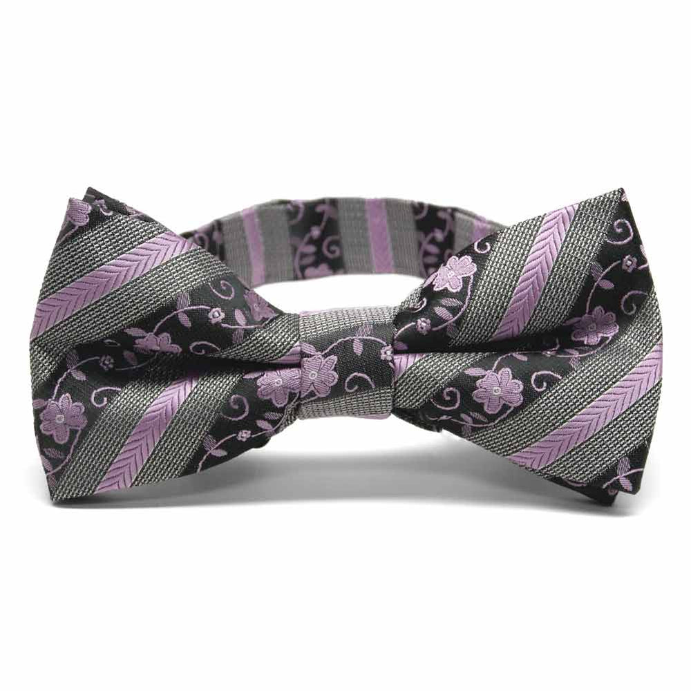 Lavender and gray floral stripe bow tie, front view