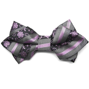 Lavender and gray floral stripe diamond tip bow tie, front view