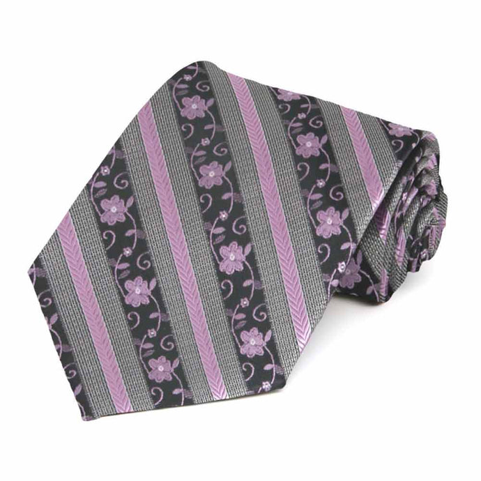 Rolled view of a lavender and gray floral stripe extra long necktie