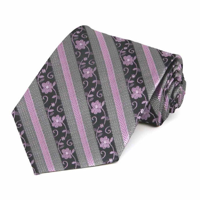 Rolled view of a lavender and gray floral stripe necktie