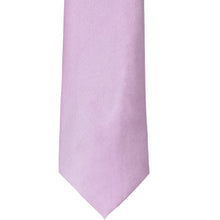 Load image into Gallery viewer, The front of an english lavender solid color tie, laid out flat