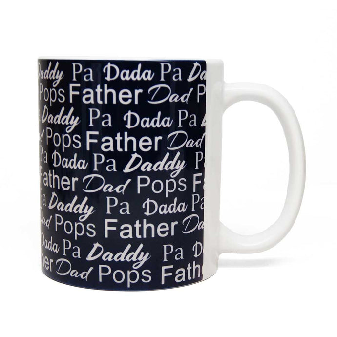 White text of father names on a dark blue coffee/tea mug or cup..
