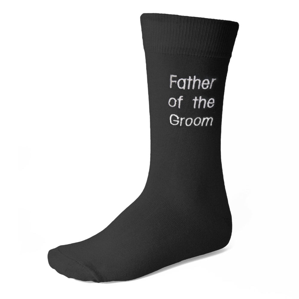 Black wedding dress socks with the word Father of the Groom embroidered on the side