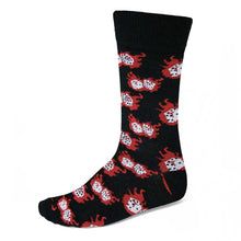 Load image into Gallery viewer, Men&#39;s dice on fire theme socks on a black background