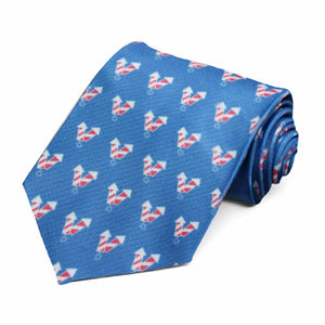 A red and white firecracker pattern on a blue tie.