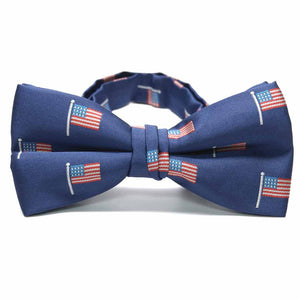 Dark blue bow tie with American flag pattern.