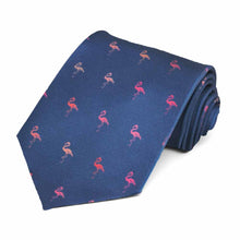 Load image into Gallery viewer, Tiled pink flamingos on a navy tie.