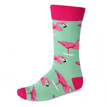 Load image into Gallery viewer, Men&#39;s pink tropical flamingo theme socks on seafoam green background