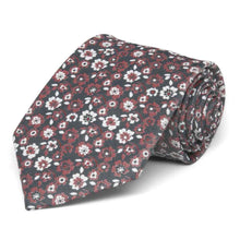 Load image into Gallery viewer, Crimson red, white and gray floral tie, rolled to show the pattern and texture