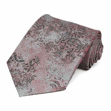 Load image into Gallery viewer,  Dark pink, gray and black floral paisley tie, rolled to show texture up close