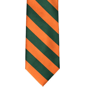 Front view of a dark green and orange striped tie