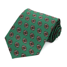 Load image into Gallery viewer, A green necktie with an all-over football design, rolled to show off the pattern