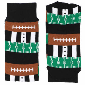 A pair of football socks in ball, referee and field pattern stripes