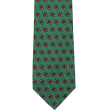 Load image into Gallery viewer, The front of a green tie with a repeated football pattern