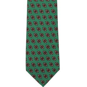 The front of a green tie with a repeated football pattern
