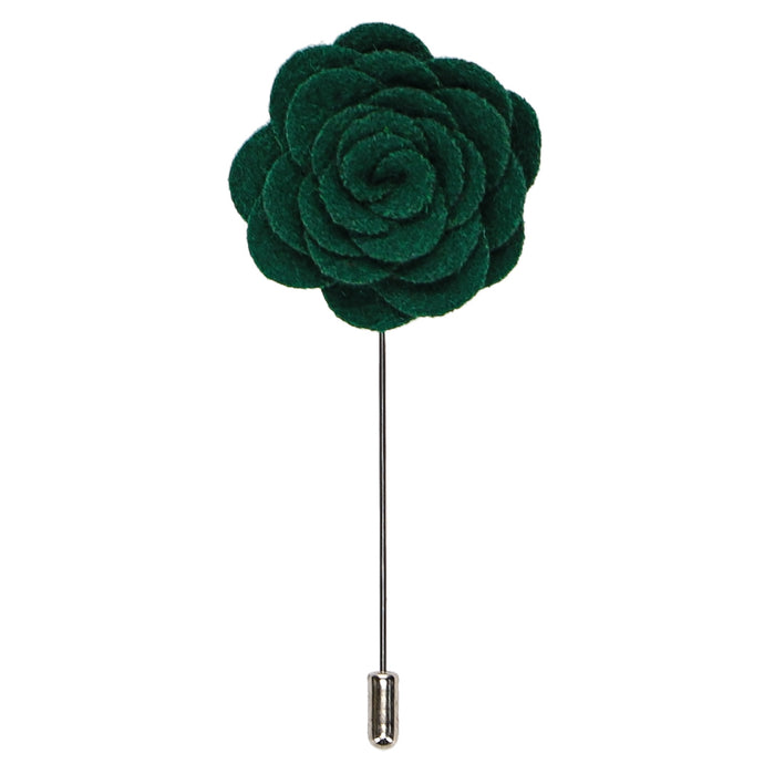 A dark green matte flower lapel pin, with a silver tone pin