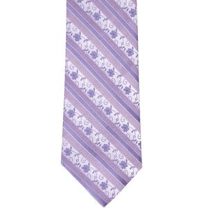 The front of a freesia purple floral striped tie