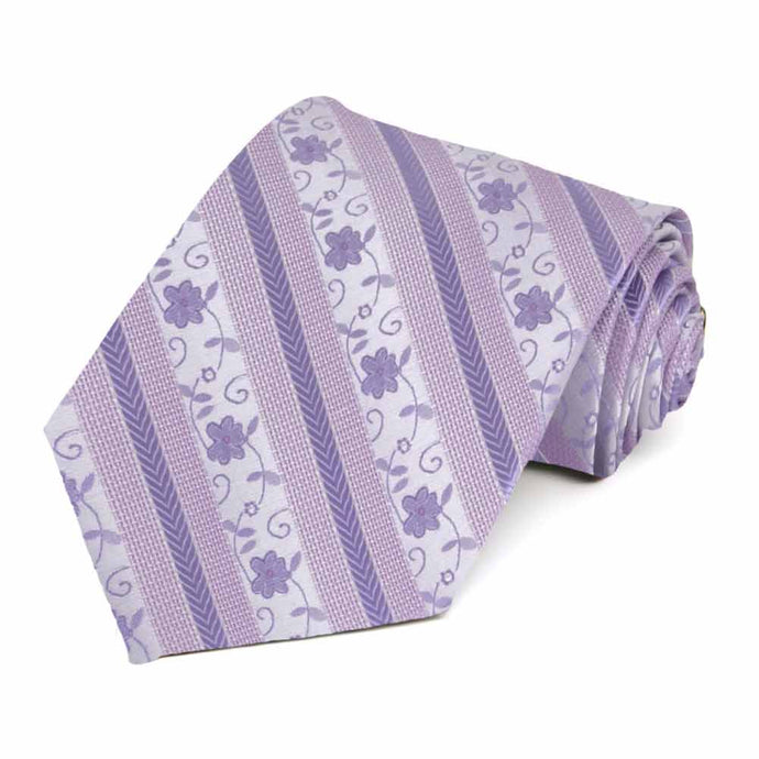 Rolled view of a light purple floral stripe extra long necktie