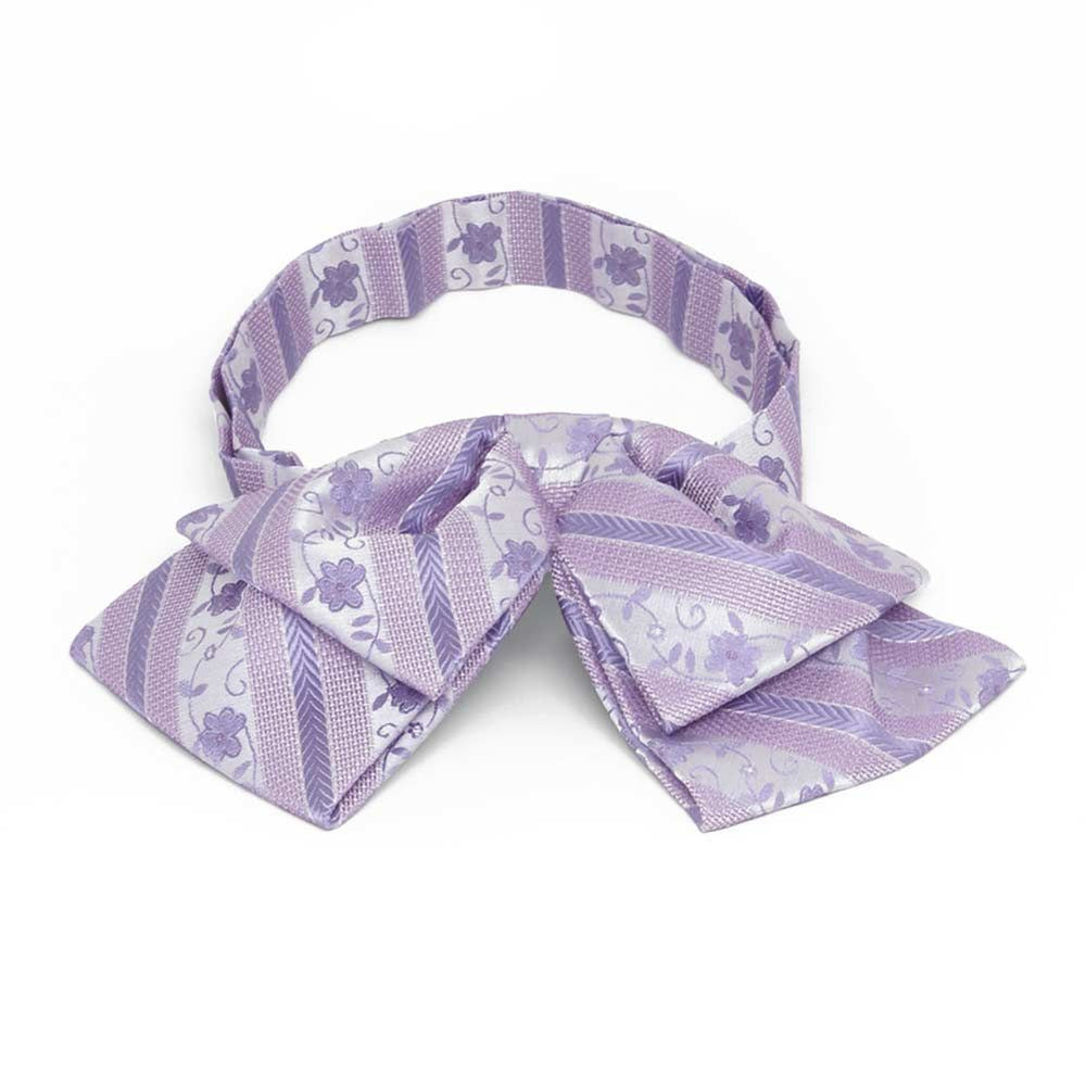 Front view of a light purple floral stripe floppy bow tie