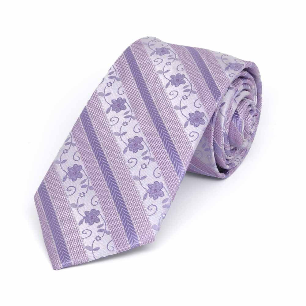 Rolled view of a light purple floral stripe slim necktie