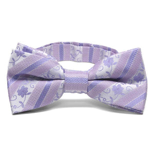 Front view of a light purple floral stripe bow tie