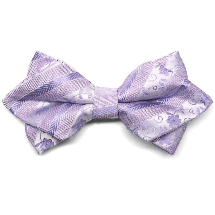 Front view of a light purple floral stripe diamond tip bow tie