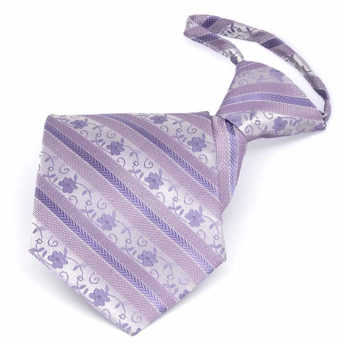 Folded front view of a light purple floral stripe zipper style tie