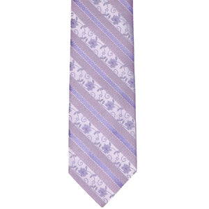 The front of a light purple floral striped slim tie