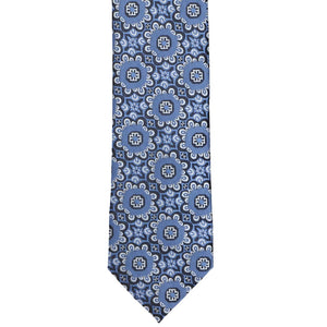 Front view of an abstract blue floral tie