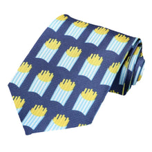Load image into Gallery viewer, French fries pattern on a dark blue tie.