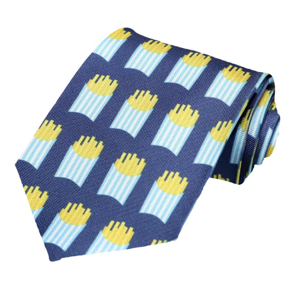 French fries pattern on a dark blue tie.