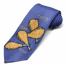 Load image into Gallery viewer, Fried chicken theme tasty, yum and nom printerd on a blue tie.