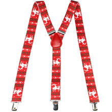 Load image into Gallery viewer, Red Christmas suspenders with frisky reindeer pattern