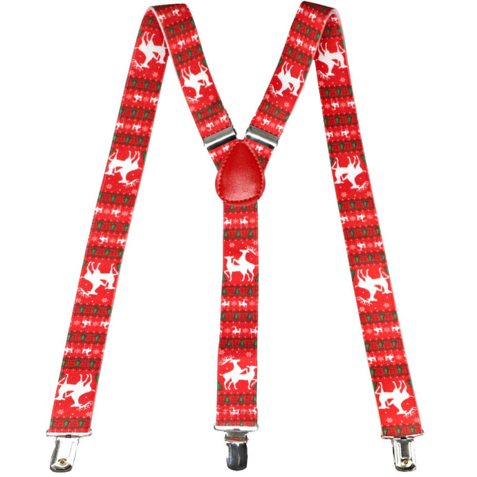 Red Christmas suspenders with frisky reindeer pattern