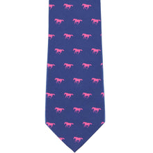 Load image into Gallery viewer, The front of a blue tie with hot pink horses