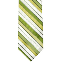 Load image into Gallery viewer, Flat front view of a green and white striped necktie