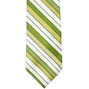 Flat front view of a green and white striped necktie