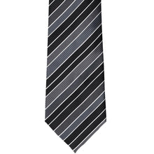 Load image into Gallery viewer, Flat front view of a black, gray and white striped tie