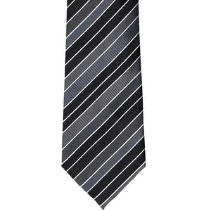 Flat front view of a black, gray and white striped tie